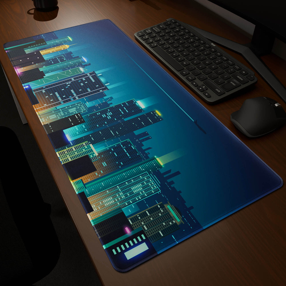 Dynamic angled perspective of a 90x40CM / 35x15.7in large mouse pad / desk mat featuring the vivid 'Neon City' design, inspired by cyberpunk cityscape art. Its generous dimensions offer a vast, smooth area that protects your desk while enhancing mouse glide and overall comfort.