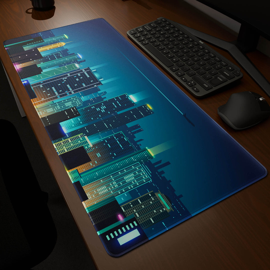Dynamic angled perspective of a 90x40CM / 35x15.7in large mouse pad / desk mat featuring the vivid 'Neon City' design, inspired by cyberpunk cityscape art. Its generous dimensions offer a vast, smooth area that protects your desk while enhancing mouse glide and overall comfort.