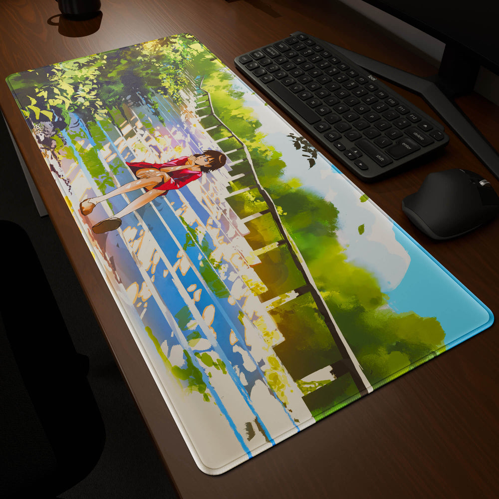 Dynamic angled perspective of a 90x40CM / 35x15.7in large mouse pad / desk mat featuring the vivid 'Peaceful Lofi Girl' design, inspired by lofi and scenic anime art. Its generous dimensions offer a vast, smooth area that protects your desk while enhancing mouse glide and overall comfort.