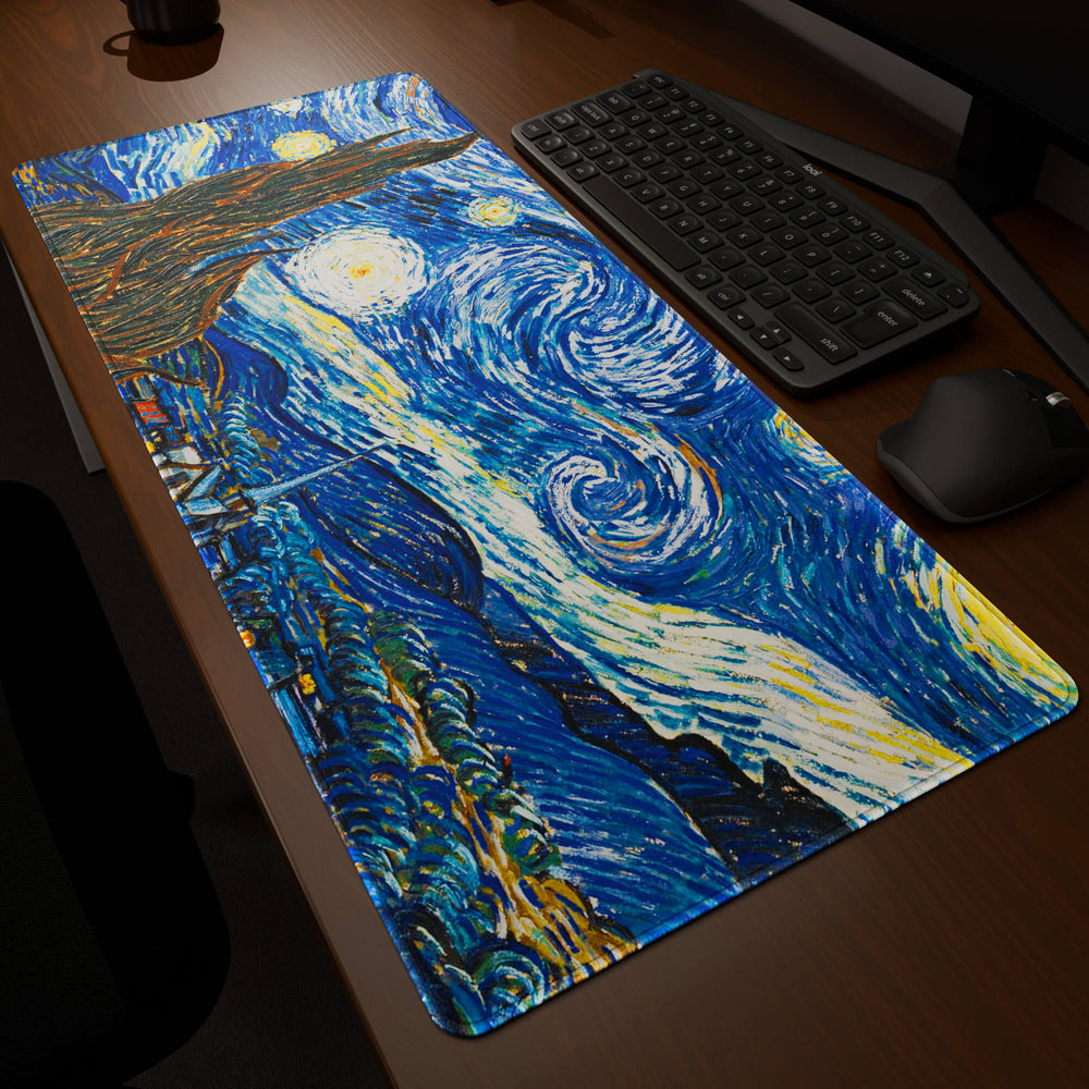 Dynamic angled perspective of a 90x40CM / 35x15.7in large mouse pad / desk mat featuring the vivid 'The Starry Night' design, inspired by Van Gogh classic art. Its generous dimensions offer a vast, smooth area that protects your desk while enhancing mouse glide and overall comfort.