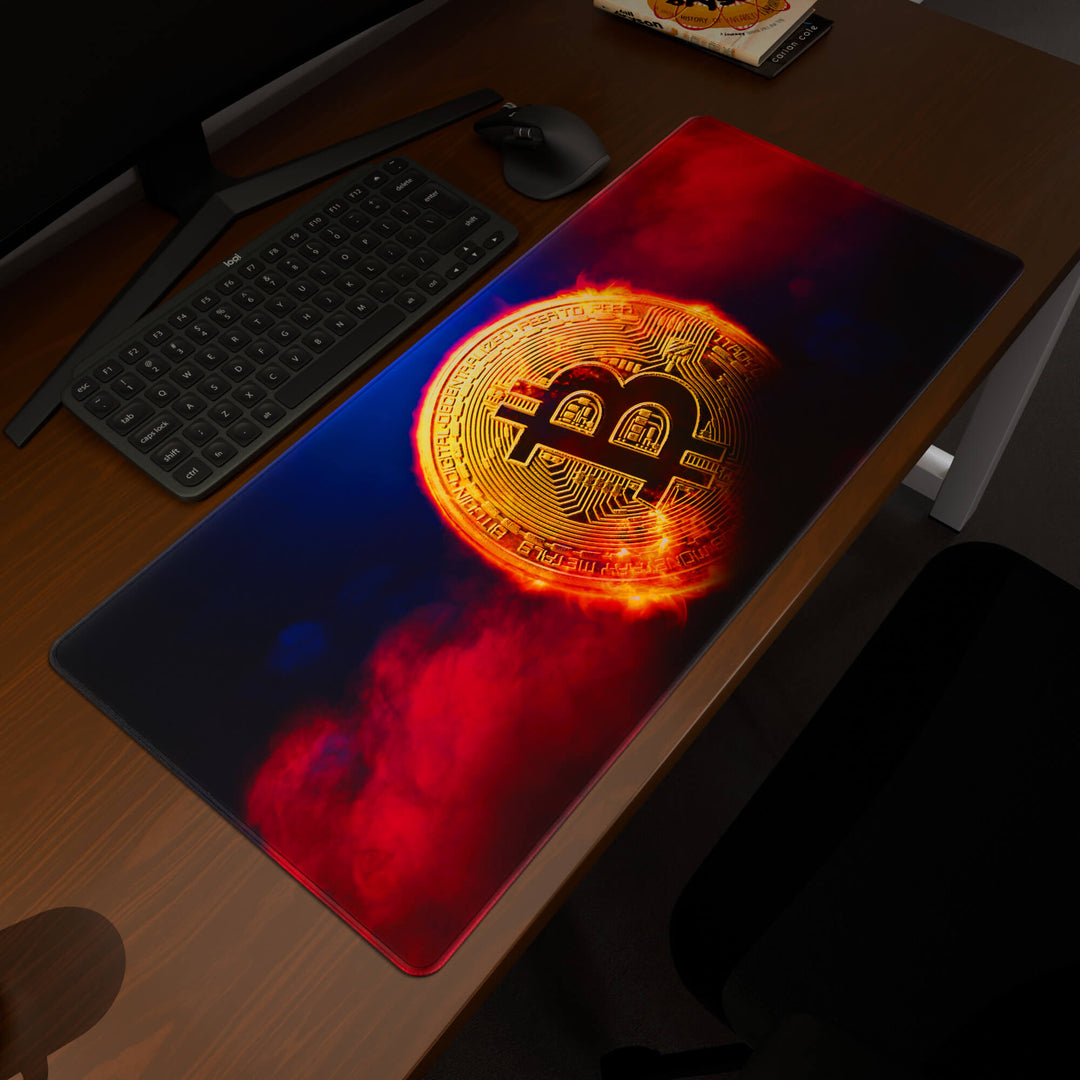 Elevated view of a 90x40CM / 35x15.7in large mouse pad / desk mat prominently displaying the 'Bitcoin' design, inspired by crypto and blockchain technology. This premium mat provides a stable, non-slip surface, crucial for maintaining focus and accuracy during intense gaming or work sessions.