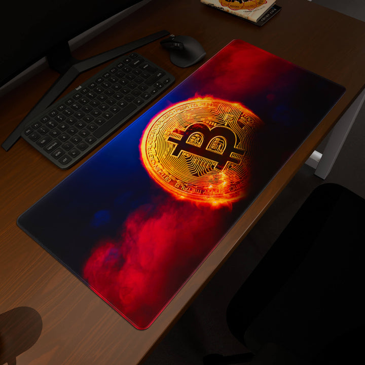 Elevated view of a 90x40CM / 35x15.7in large mouse pad / desk mat prominently displaying the 'Bitcoin' design, inspired by crypto and blockchain technology. This premium mat provides a stable, non-slip surface, crucial for maintaining focus and accuracy during intense gaming or work sessions.