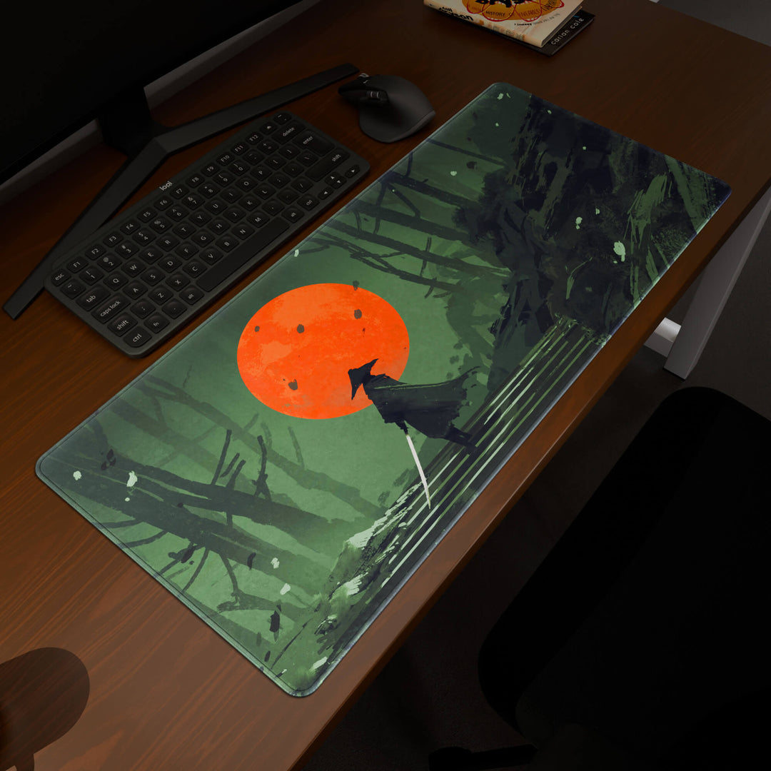 Elevated view of a 90x40CM / 35x15.7in large mouse pad / desk mat prominently displaying the 'Blood Moon Samurai' design, inspired by dark fantasy samurai art. This premium mat provides a stable, non-slip surface, crucial for maintaining focus and accuracy during intense gaming or work sessions.