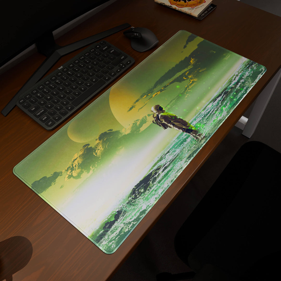 Elevated view of a 90x40CM / 35x15.7in large mouse pad / desk mat prominently displaying the 'Cosmic Explorer' design, inspired by cyberpunk and sci-fi space art. This premium mat provides a stable, non-slip surface, crucial for maintaining focus and accuracy during intense gaming or work sessions.