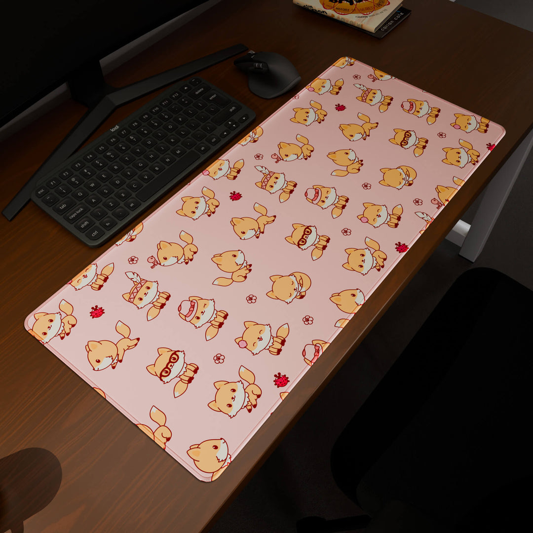 Elevated view of a 90x40CM / 35x15.7in large mouse pad / desk mat prominently displaying the 'Kawaii Fox' design, inspired by cute kawaii pink animal art. This premium mat provides a stable, non-slip surface, crucial for maintaining focus and accuracy during intense gaming or work sessions.