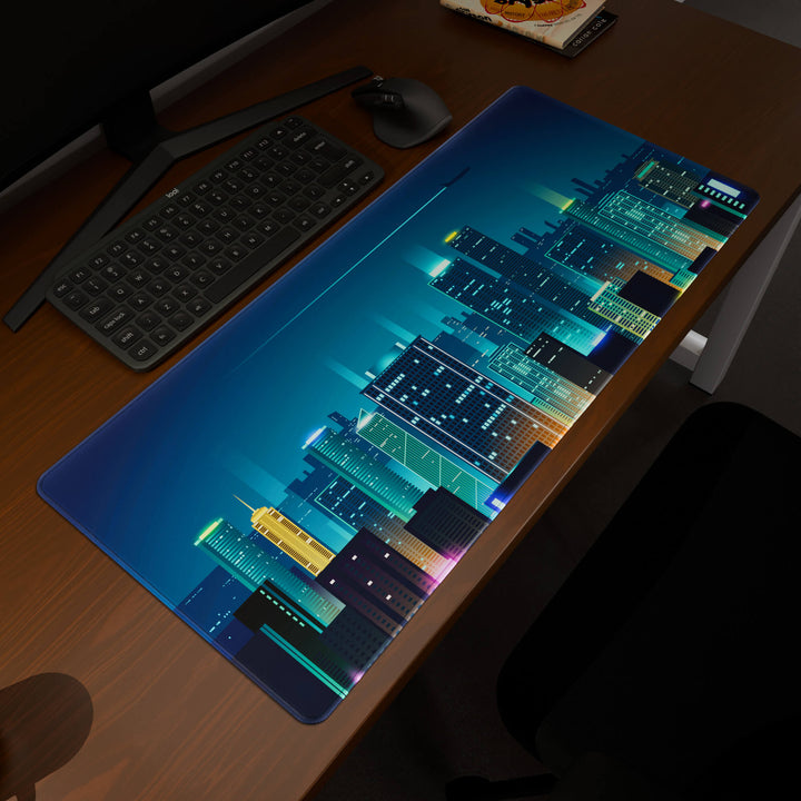 Elevated view of a 90x40CM / 35x15.7in large mouse pad / desk mat prominently displaying the 'Neon City' design, inspired by cyberpunk cityscape art. This premium mat provides a stable, non-slip surface, crucial for maintaining focus and accuracy during intense gaming or work sessions.