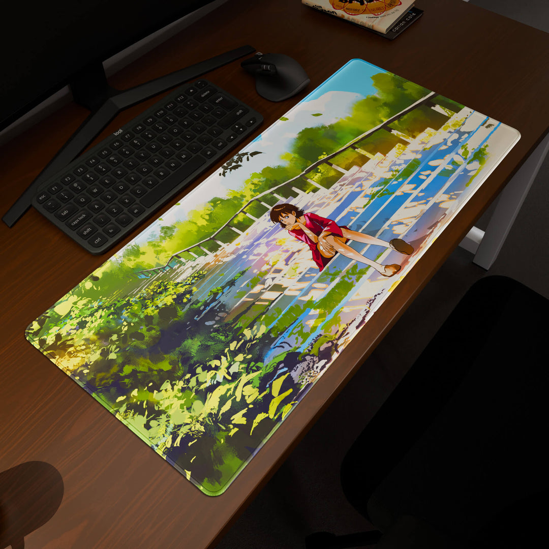 Elevated view of a 90x40CM / 35x15.7in large mouse pad / desk mat prominently displaying the 'Peaceful Lofi Girl' design, inspired by lofi and scenic anime art. This premium mat provides a stable, non-slip surface, crucial for maintaining focus and accuracy during intense gaming or work sessions.