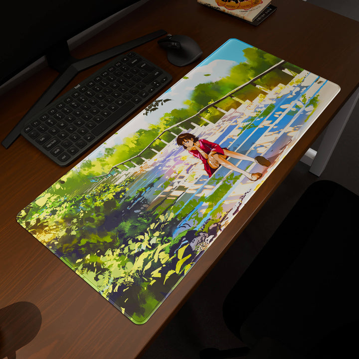 Elevated view of a 90x40CM / 35x15.7in large mouse pad / desk mat prominently displaying the 'Peaceful Lofi Girl' design, inspired by lofi and scenic anime art. This premium mat provides a stable, non-slip surface, crucial for maintaining focus and accuracy during intense gaming or work sessions.