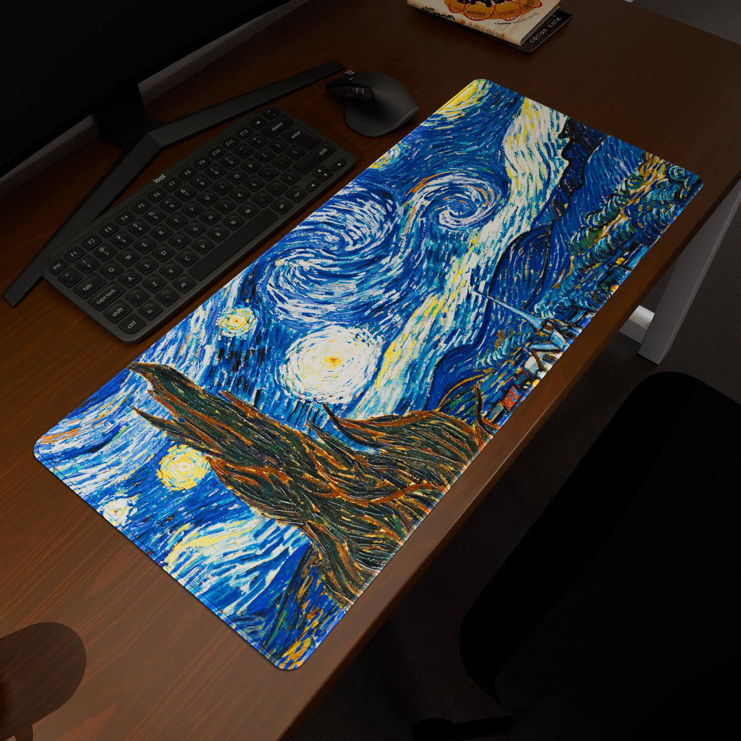 Elevated view of a 90x40CM / 35x15.7in large mouse pad / desk mat prominently displaying 'The Starry Night' design, inspired by Van Gogh classic art. This premium mat provides a stable, non-slip surface, crucial for maintaining focus and accuracy during intense gaming or work sessions.