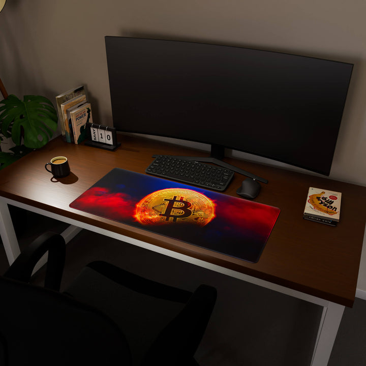 Full desktop view featuring a spacious 90x40CM / 35x15.7in large mouse pad / desk mat with 'Bitcoin' design, inspired by crypto and blockchain technology. This popular large mat is designed for comprehensive desk coverage, providing an expansive and protective base for all your peripherals.