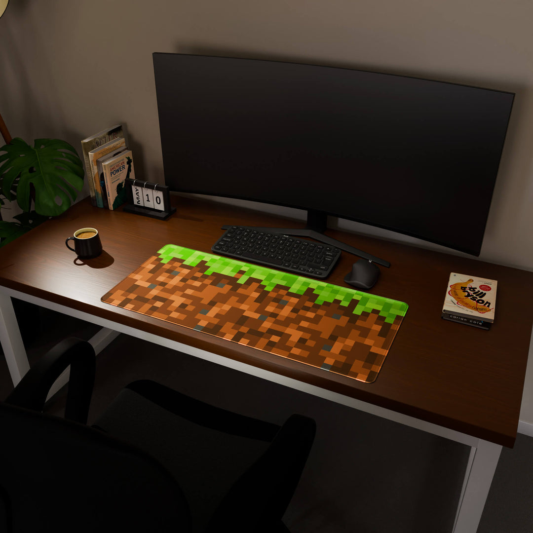 Full desktop view featuring a spacious 90x40CM / 35x15.7in large mouse pad / desk mat with 'Blocks' design. This popular large mat is designed for comprehensive desk coverage, providing an expansive and protective base for all your peripherals.