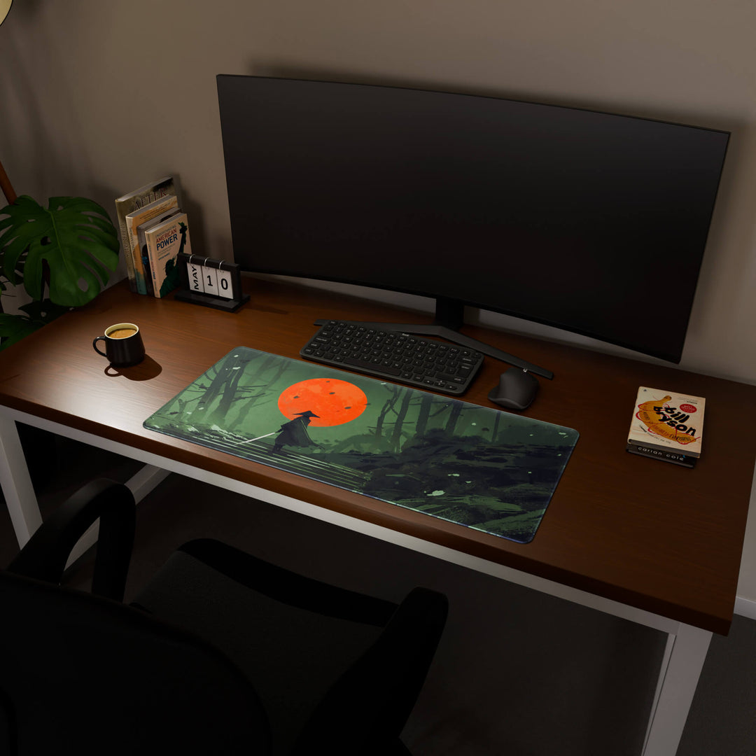Full desktop view featuring a spacious 90x40CM / 35x15.7in large mouse pad / desk mat with 'Blood Moon Samurai' design, inspired by dark fantasy samurai art. This popular large mat is designed for comprehensive desk coverage, providing an expansive and protective base for all your peripherals.
