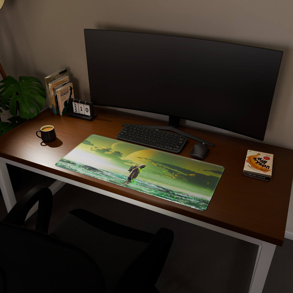 Full desktop view featuring a spacious 90x40CM / 35x15.7in large mouse pad / desk mat with 'Cosmic Explorer' design, inspired by cyberpunk and sci-fi space art. This popular large mat is designed for comprehensive desk coverage, providing an expansive and protective base for all your peripherals.