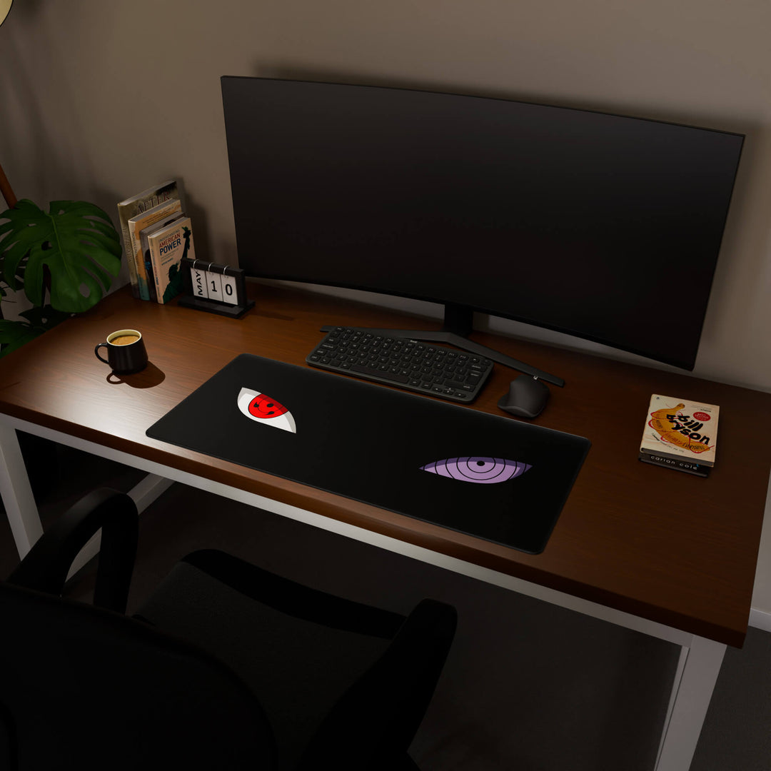 Full desktop view featuring a spacious 90x40CM / 35x15.7in large mouse pad / desk mat with 'Dōjutsu' design, inspired by minimalist anime ninja eyes. This popular large mat is designed for comprehensive desk coverage, providing an expansive and protective base for all your peripherals.