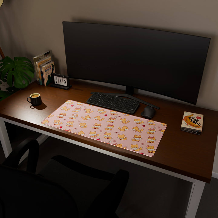 Full desktop view featuring a spacious 90x40CM / 35x15.7in large mouse pad / desk mat with 'Kawaii Fox' design, inspired by cute kawaii pink animal art. This popular large mat is designed for comprehensive desk coverage, providing an expansive and protective base for all your peripherals.