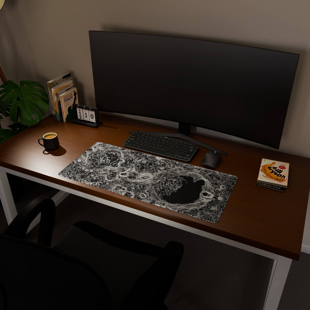 Full desktop view featuring a spacious 90x40CM / 35x15.7in large mouse pad / desk mat with 'Lunar Topographic' design, inspired by minimalist lunar surface art. This popular large mat is designed for comprehensive desk coverage, providing an expansive and protective base for all your peripherals.