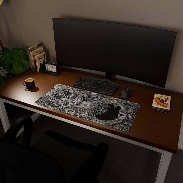 Full desktop view featuring a spacious 90x40CM / 35x15.7in large mouse pad / desk mat with 'Lunar Topographic' design, inspired by minimalist lunar surface art. This popular large mat is designed for comprehensive desk coverage, providing an expansive and protective base for all your peripherals.