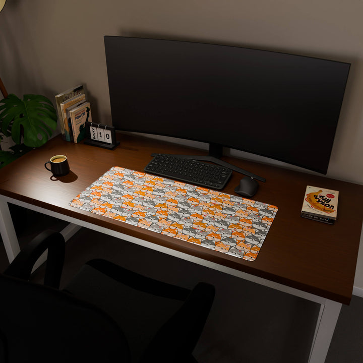 Full desktop view featuring a spacious 90x40CM / 35x15.7in large mouse pad / desk mat with 'Miniature Pups' design, inspired by a cute kawaii dog pattern. This popular large mat is designed for comprehensive desk coverage, providing an expansive and protective base for all your peripherals.