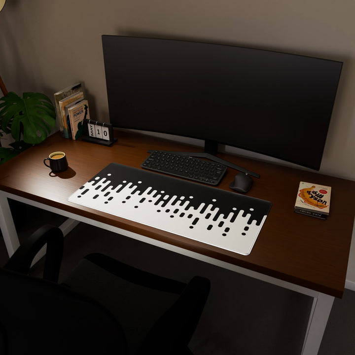 Full desktop view featuring a spacious 90x40CM / 35x15.7in large mouse pad / desk mat with 'Monochrome Drip' design, inspired by black and white minimalist art. This popular large mat is designed for comprehensive desk coverage, providing an expansive and protective base for all your peripherals.
