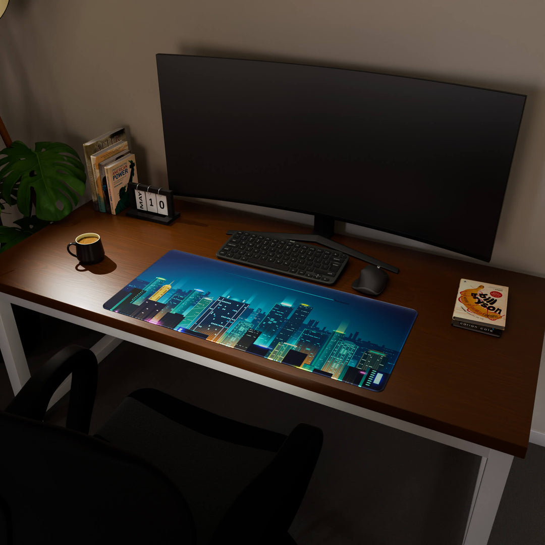 Full desktop view featuring a spacious 90x40CM / 35x15.7in large mouse pad / desk mat with 'Neon City' design, inspired by cyberpunk cityscape art. This popular large mat is designed for comprehensive desk coverage, providing an expansive and protective base for all your peripherals.