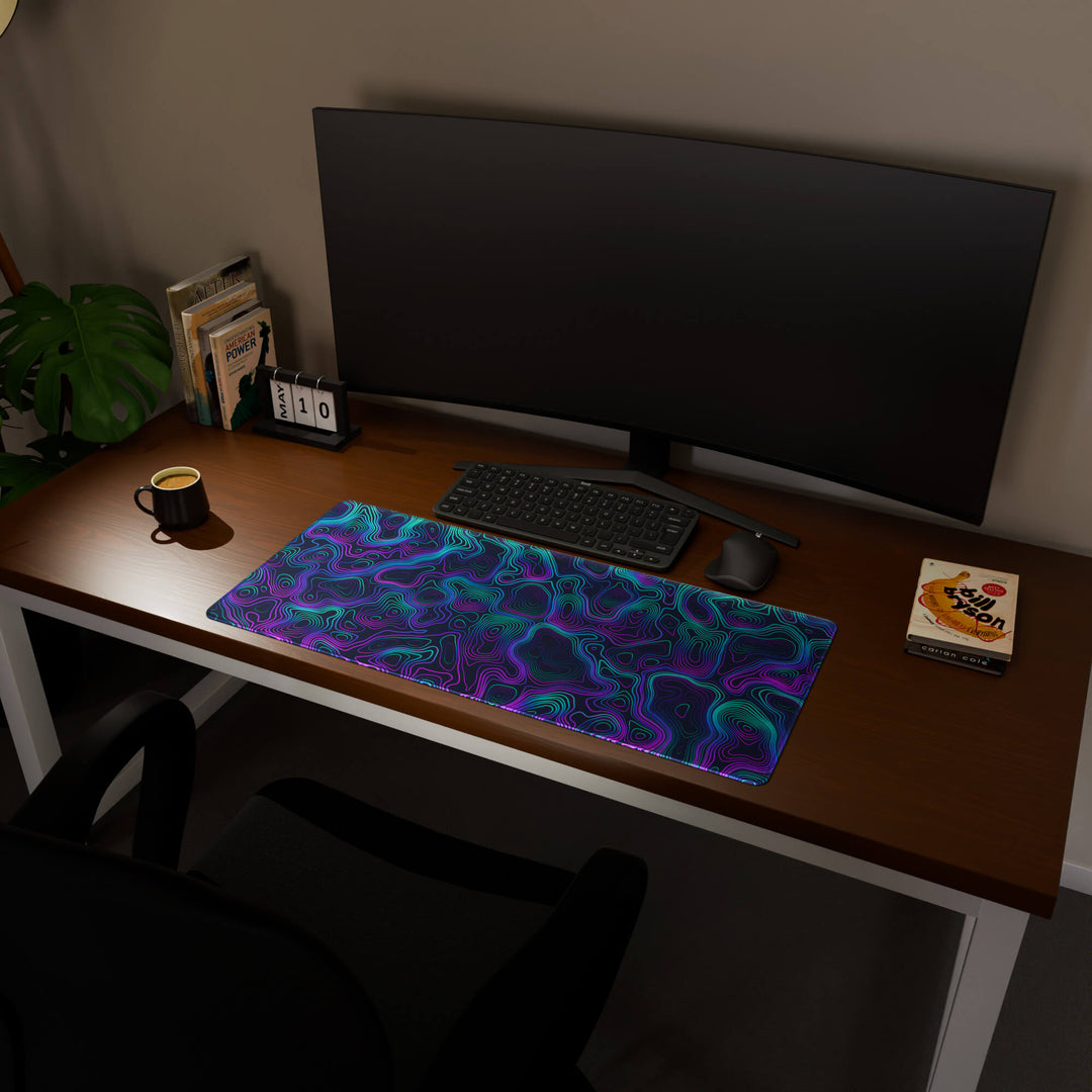Full desktop view featuring a spacious 90x40CM / 35x15.7in large mouse pad / desk mat with 'Neon Topographic' design, inspired by vibrant neon topographic art. This popular large mat is designed for comprehensive desk coverage, providing an expansive and protective base for all your peripherals.