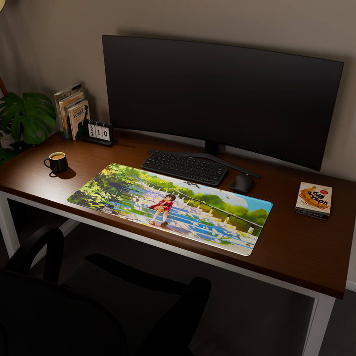 Full desktop view featuring a spacious 90x40CM / 35x15.7in large mouse pad / desk mat with 'Peaceful Lofi Girl' design, inspired by lofi and scenic anime art. This popular large mat is designed for comprehensive desk coverage, providing an expansive and protective base for all your peripherals.