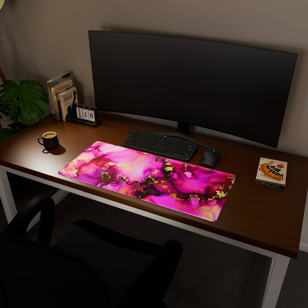 Full desktop view featuring a spacious 90x40CM / 35x15.7in large mouse pad / desk mat with 'Pink & Gold' design, inspired by pink and gold alcohol ink art. This popular large mat is designed for comprehensive desk coverage, providing an expansive and protective base for all your peripherals.