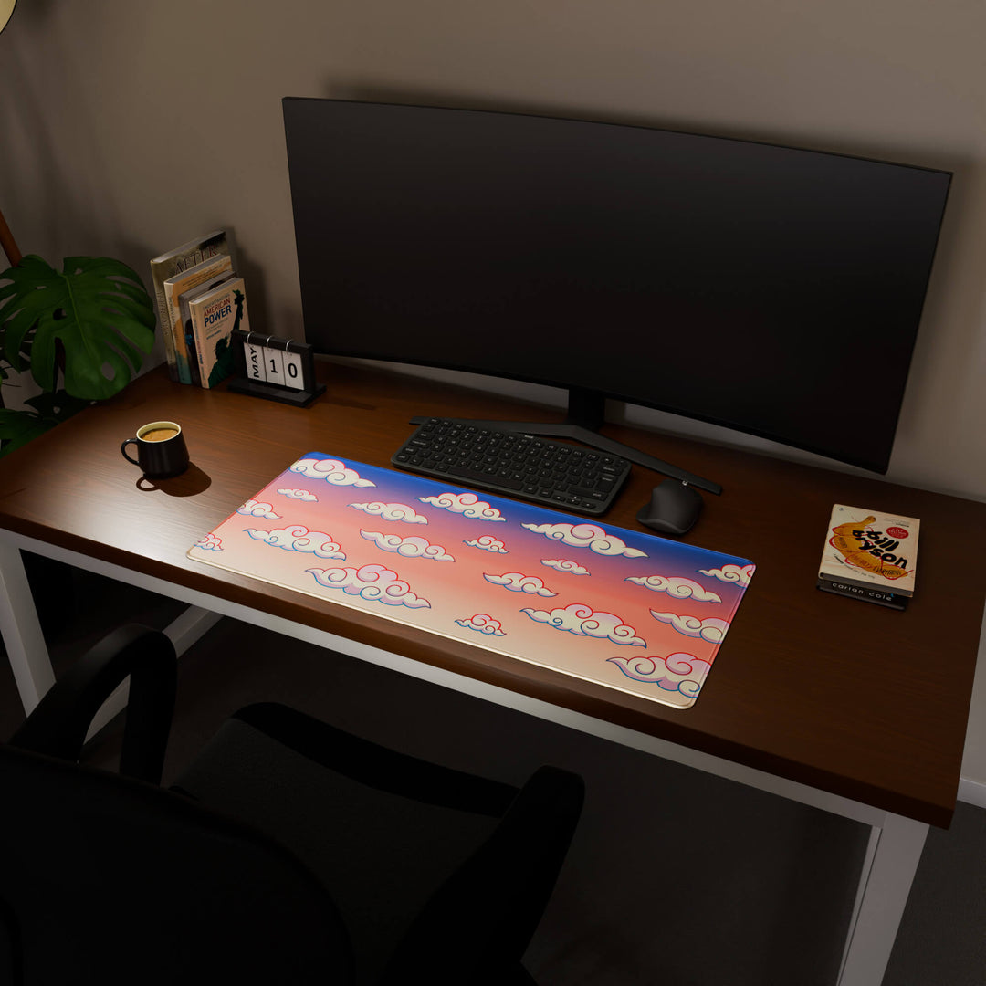 Full desktop view featuring a spacious 90x40CM / 35x15.7in large mouse pad / desk mat with 'Sunset Clouds' design, inspired by Naruto and vibrant Japanese anime art. This popular large mat is designed for comprehensive desk coverage, providing an expansive and protective base for all your peripherals.