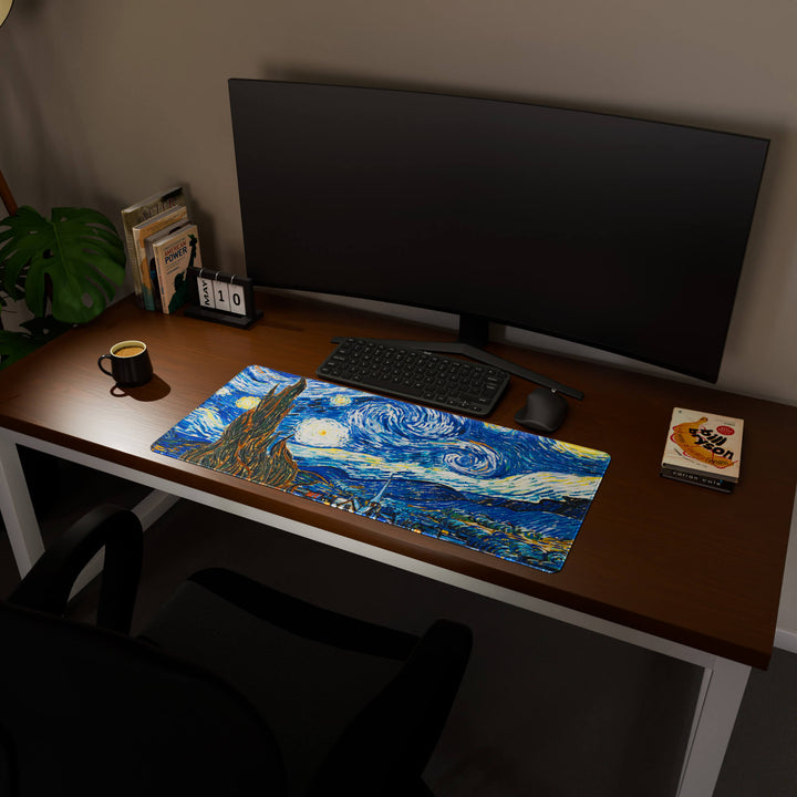 Full desktop view featuring a spacious 90x40CM / 35x15.7in large mouse pad / desk mat with 'The Starry Night' design, inspired by Van Gogh classic art. This popular large mat is designed for comprehensive desk coverage, providing an expansive and protective base for all your peripherals.