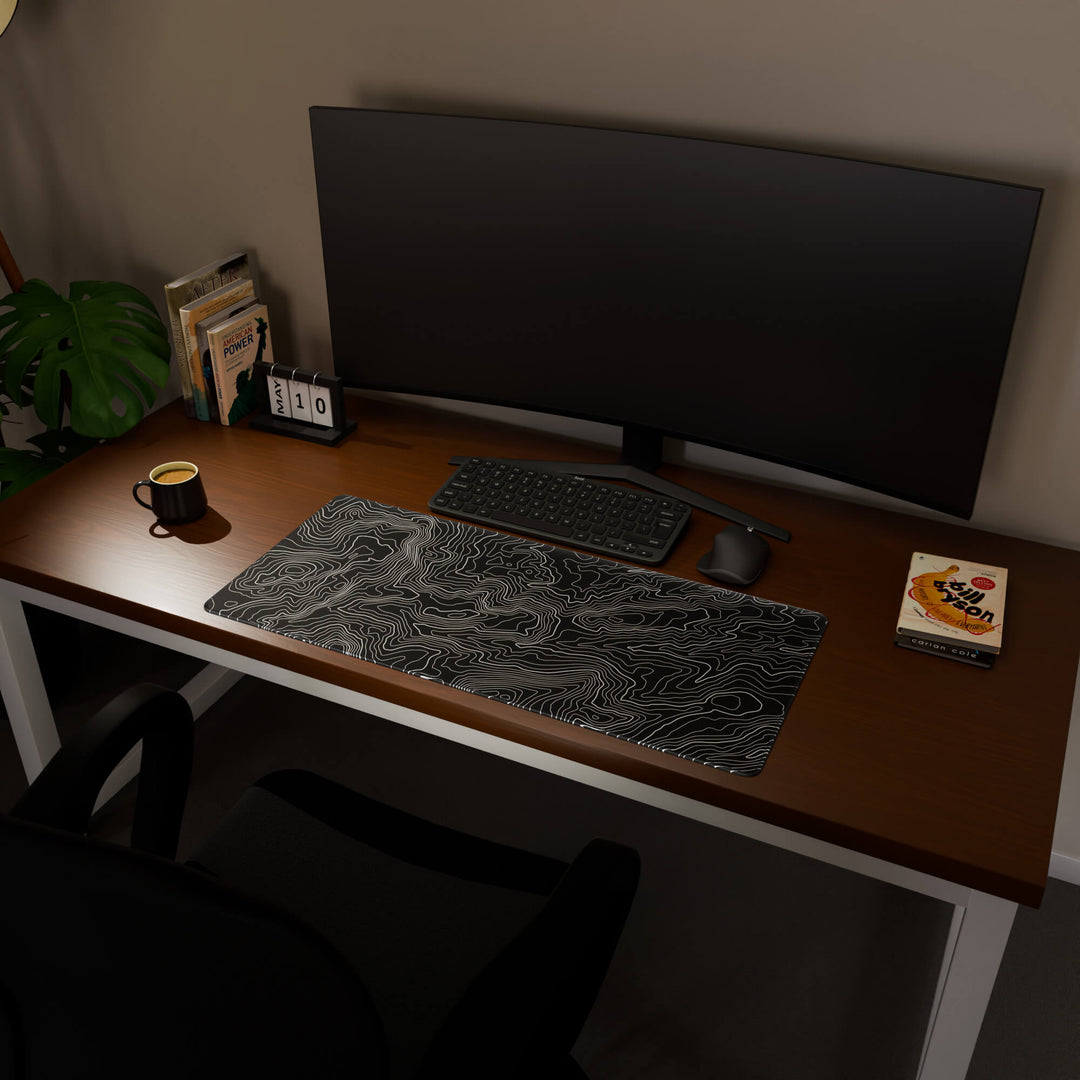 Full desktop view featuring a spacious 90x40CM / 35x15.7in large mouse pad / desk mat with 'Classic Topographic' design, inspired by minimalist topographic line art. This popular large mat is designed for comprehensive desk coverage, providing an expansive and protective base for all your peripherals.