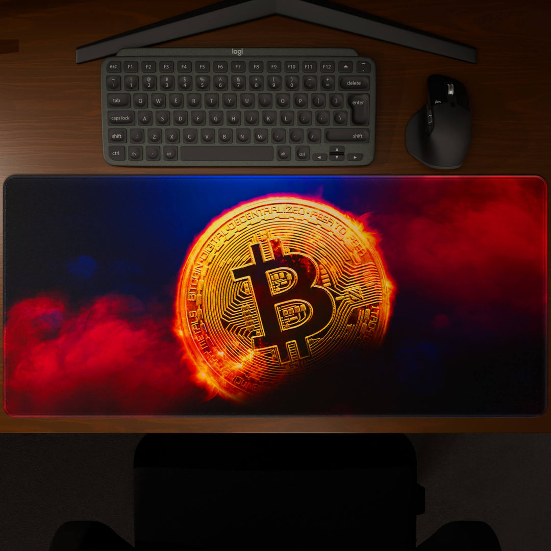 Top-down view of a 90x40CM / 35x15.7in large mouse pad / desk mat showcasing the full 'Bitcoin' design, inspired by crypto and blockchain technology. The large surface provides ample space for keyboard and mouse, ensuring precise control and comfortable use for both gaming and office tasks.