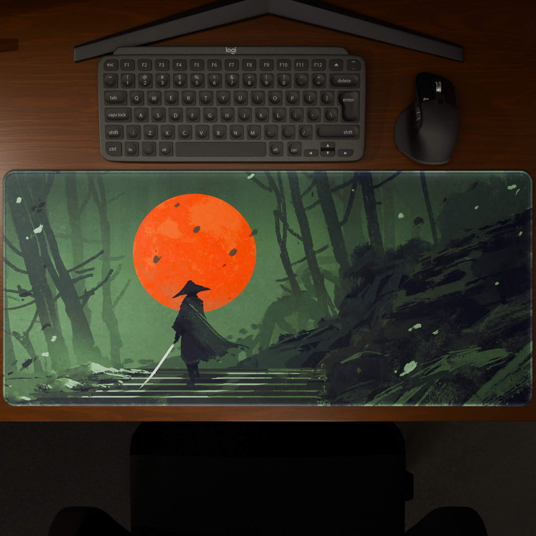 Top-down view of a 90x40CM / 35x15.7in large mouse pad / desk mat showcasing the full 'Blood Moon Samurai' design, inspired by dark fantasy samurai art. The large surface provides ample space for keyboard and mouse, ensuring precise control and comfortable use for both gaming and office tasks.
