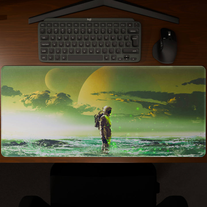 Top-down view of a 90x40CM / 35x15.7in large mouse pad / desk mat showcasing the full 'Cosmic Explorer' design, inspired by cyberpunk and sci-fi space art. The large surface provides ample space for keyboard and mouse, ensuring precise control and comfortable use for both gaming and office tasks.