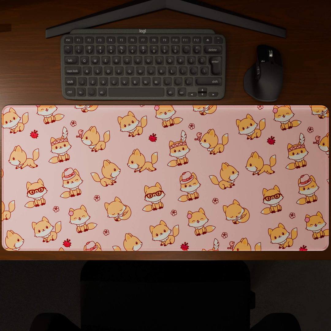 Top-down view of a 90x40CM / 35x15.7in large mouse pad / desk mat showcasing the full 'Kawaii Fox' design, inspired by cute kawaii pink animal art. The large surface provides ample space for keyboard and mouse, ensuring precise control and comfortable use for both gaming and office tasks.