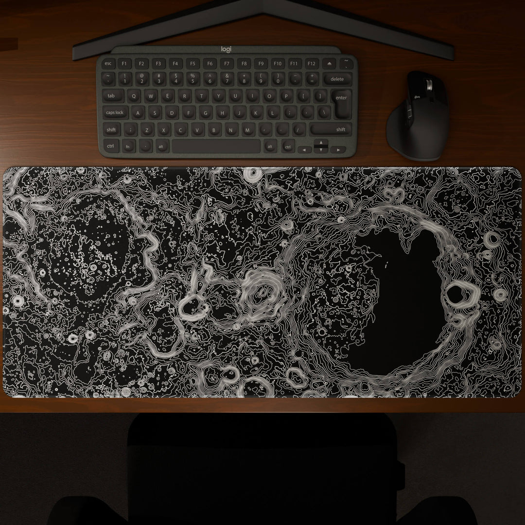Top-down view of a 90x40CM / 35x15.7in large mouse pad / desk mat showcasing the full 'Lunar Topographic' design, inspired by minimalist lunar surface art. The large surface provides ample space for keyboard and mouse, ensuring precise control and comfortable use for both gaming and office tasks.
