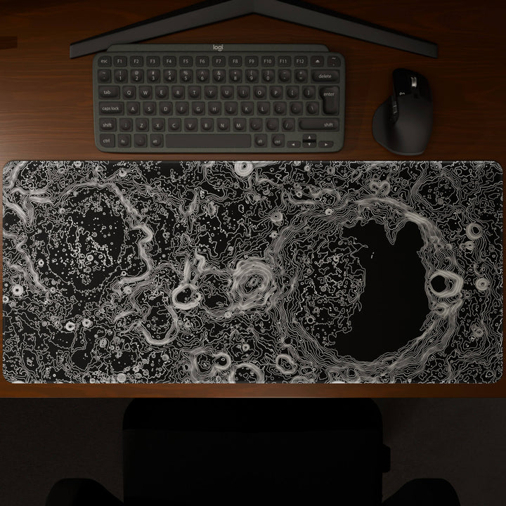 Top-down view of a 90x40CM / 35x15.7in large mouse pad / desk mat showcasing the full 'Lunar Topographic' design, inspired by minimalist lunar surface art. The large surface provides ample space for keyboard and mouse, ensuring precise control and comfortable use for both gaming and office tasks.