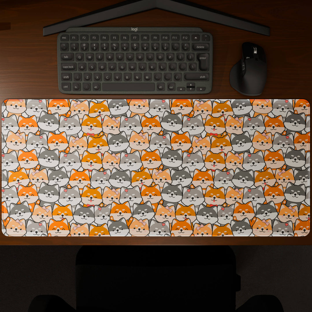 Top-down view of a 90x40CM / 35x15.7in large mouse pad / desk mat showcasing the full 'Miniature Pups' design, inspired by a cute kawaii dog pattern. The large surface provides ample space for keyboard and mouse, ensuring precise control and comfortable use for both gaming and office tasks.