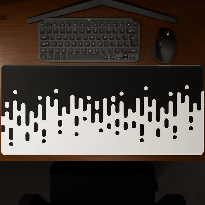 Top-down view of a 90x40CM / 35x15.7in large mouse pad / desk mat showcasing the full 'Monochrome Drip' design, inspired by black and white minimalist art. The large surface provides ample space for keyboard and mouse, ensuring precise control and comfortable use for both gaming and office tasks.