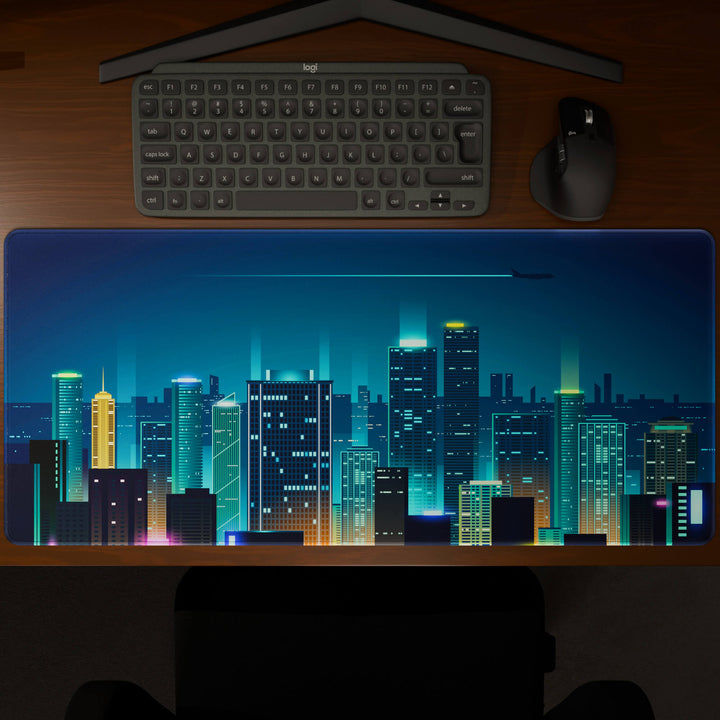 Top-down view of a 90x40CM / 35x15.7in large mouse pad / desk mat showcasing the full 'Neon City' design, inspired by cyberpunk cityscape art. The large surface provides ample space for keyboard and mouse, ensuring precise control and comfortable use for both gaming and office tasks.