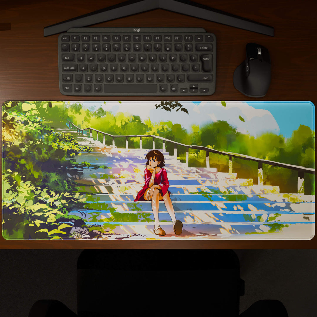 Top-down view of a 90x40CM / 35x15.7in large mouse pad / desk mat showcasing the full 'Peaceful Lofi Girl' design, inspired by lofi and scenic anime art. The large surface provides ample space for keyboard and mouse, ensuring precise control and comfortable use for both gaming and office tasks.