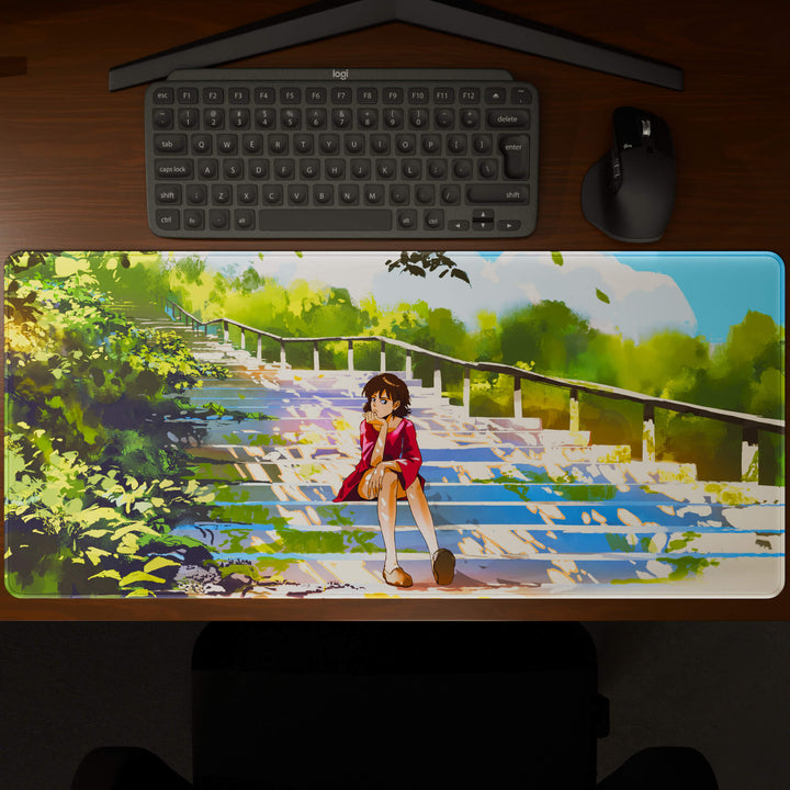 Top-down view of a 90x40CM / 35x15.7in large mouse pad / desk mat showcasing the full 'Peaceful Lofi Girl' design, inspired by lofi and scenic anime art. The large surface provides ample space for keyboard and mouse, ensuring precise control and comfortable use for both gaming and office tasks.