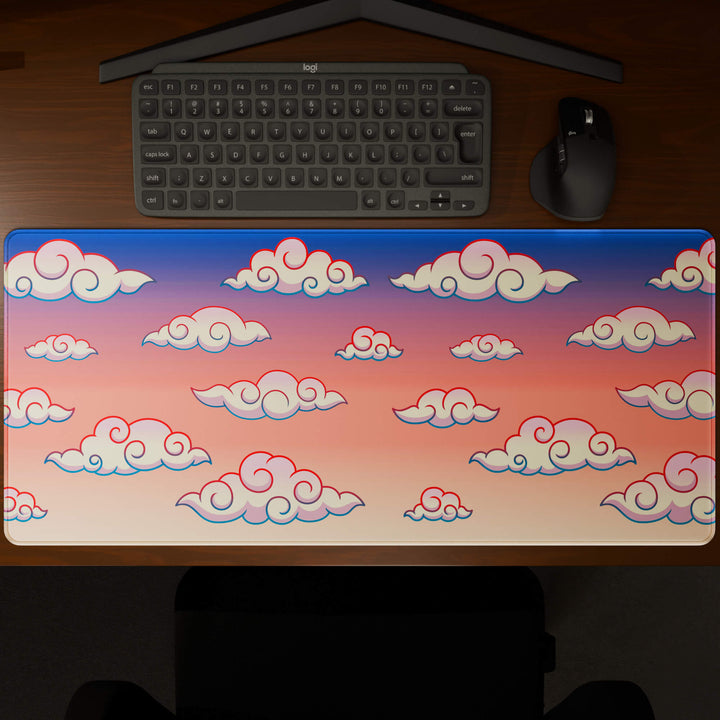 Top-down view of a 90x40CM / 35x15.7in large mouse pad / desk mat showcasing the full 'Sunset Clouds' design, inspired by Naruto and vibrant Japanese anime art. The large surface provides ample space for keyboard and mouse, ensuring precise control and comfortable use for both gaming and office tasks.