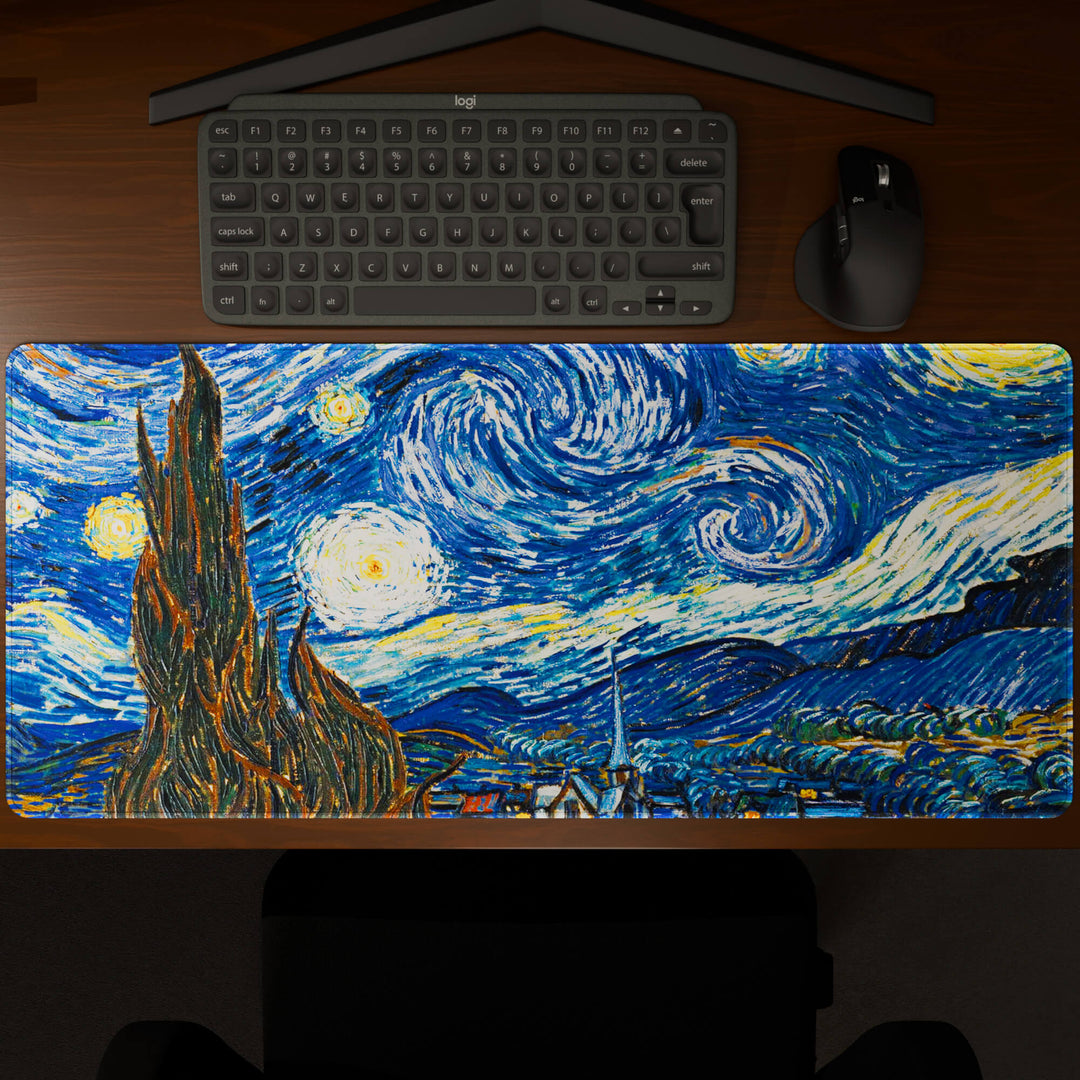 Top-down view of a 90x40CM / 35x15.7in large mouse pad / desk mat showcasing the full 'The Starry Night' design, inspired by Van Gogh classic art. The large surface provides ample space for keyboard and mouse, ensuring precise control and comfortable use for both gaming and office tasks.