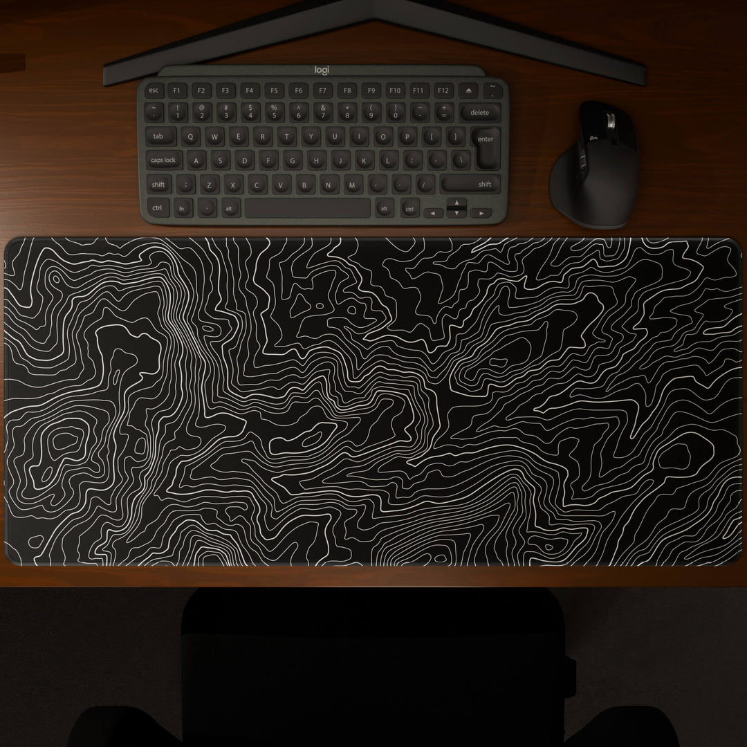 Top-down view of a 90x40CM / 35x15.7in large mouse pad / desk mat showcasing the full 'Classic Topographic' design, inspired by minimalist topographic line art. The large surface provides ample space for keyboard and mouse, ensuring precise control and comfortable use for both gaming and office tasks.