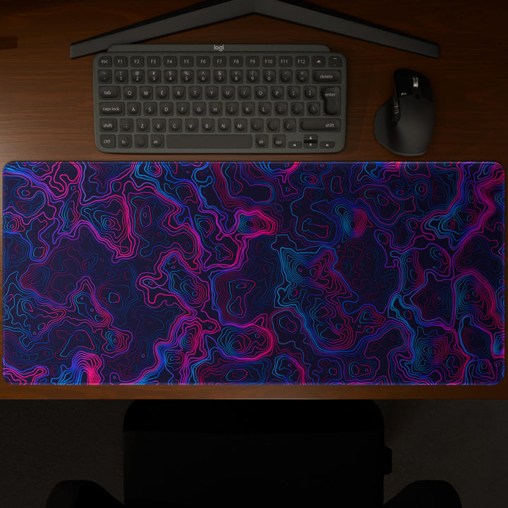 Top-down view of a 90x40CM / 35x15.7in large mouse pad / desk mat showcasing the full 'Vaporwave Topographic' design, inspired by vibrant vaporwave and neon topographic art. The large surface provides ample space for keyboard and mouse, ensuring precise control and comfortable use for both gaming and office tasks.