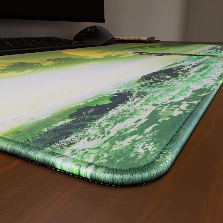 Close-up angled shot highlighting the durable stitched edges of a 90x40CM / 35x15.7in large mouse pad / desk mat with the 'Cosmic Explorer' design, inspired by cyberpunk and sci-fi space art. The reinforced stitching prevents fraying, ensuring long-lasting durability and a consistently clean aesthetic.