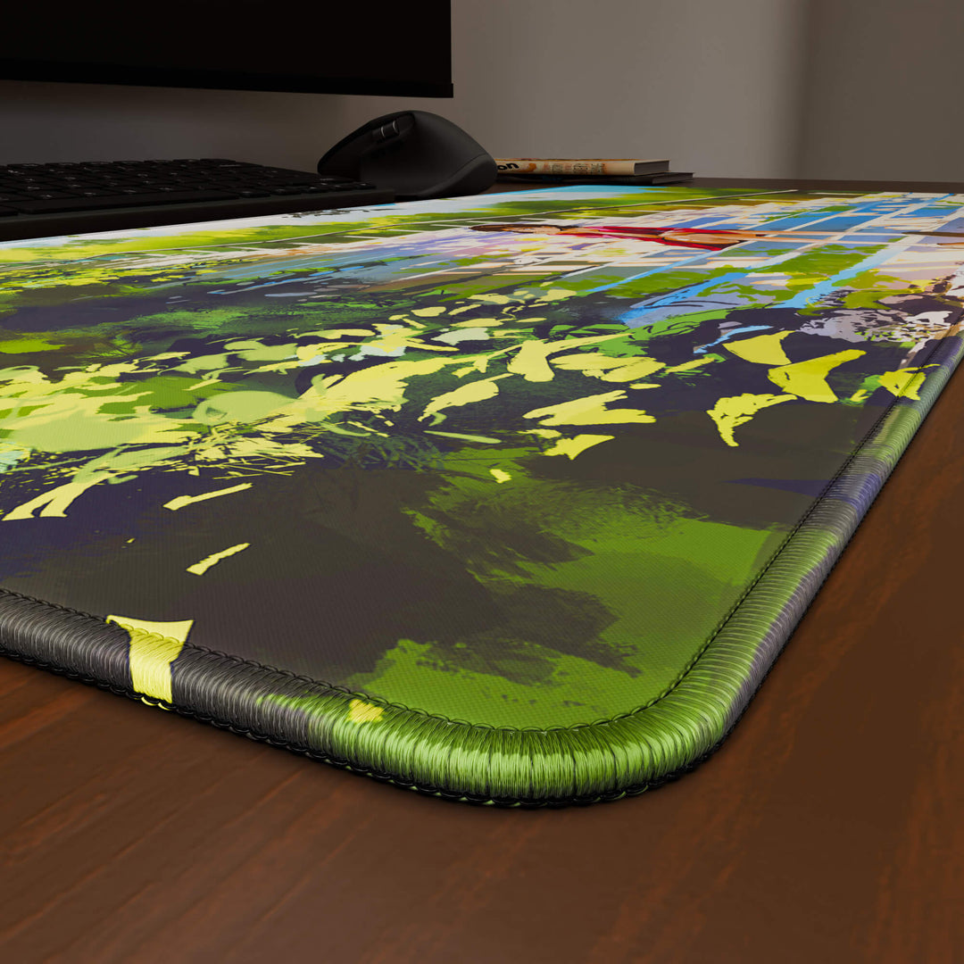 Close-up angled shot highlighting the durable stitched edges of a 90x40CM / 35x15.7in large mouse pad / desk mat with the 'Peaceful Lofi Girl' design, inspired by lofi and scenic anime art. The reinforced stitching prevents fraying, ensuring long-lasting durability and a consistently clean aesthetic.