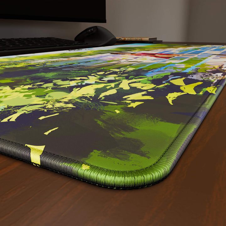 Close-up angled shot highlighting the durable stitched edges of a 90x40CM / 35x15.7in large mouse pad / desk mat with the 'Peaceful Lofi Girl' design, inspired by lofi and scenic anime art. The reinforced stitching prevents fraying, ensuring long-lasting durability and a consistently clean aesthetic.