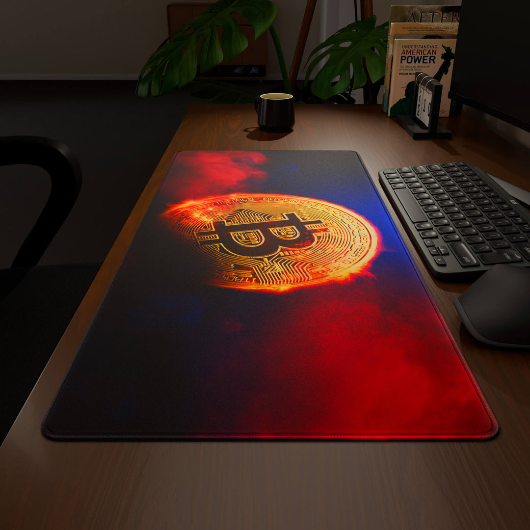 Wide angled view of a complete desk setup, featuring a 90x40CM / 35x15.7in large mouse pad / desk mat with the captivating 'Bitcoin' design, inspired by crypto and blockchain technology. This extra-large mousepad seamlessly integrates into any workspace, providing a cohesive and productive environment.