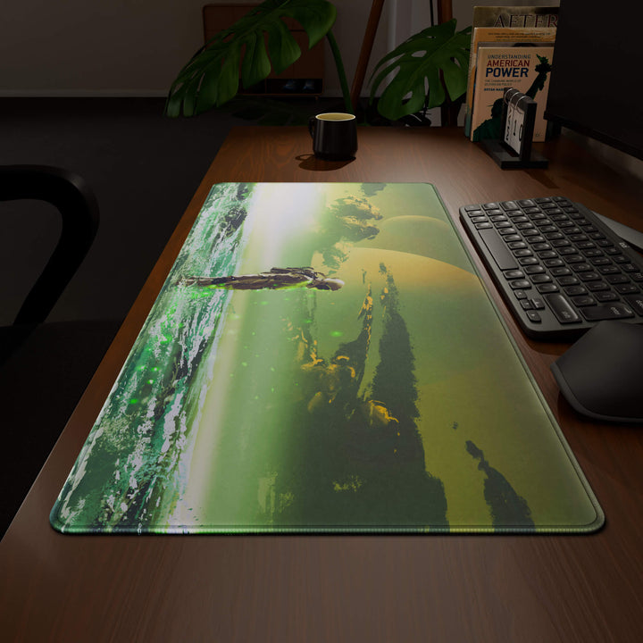 Wide angled view of a complete desk setup, featuring a 90x40CM / 35x15.7in large mouse pad / desk mat with the captivating 'Cosmic Explorer' design, inspired by cyberpunk and sci-fi space art. This extra-large mousepad seamlessly integrates into any workspace, providing a cohesive and productive environment.